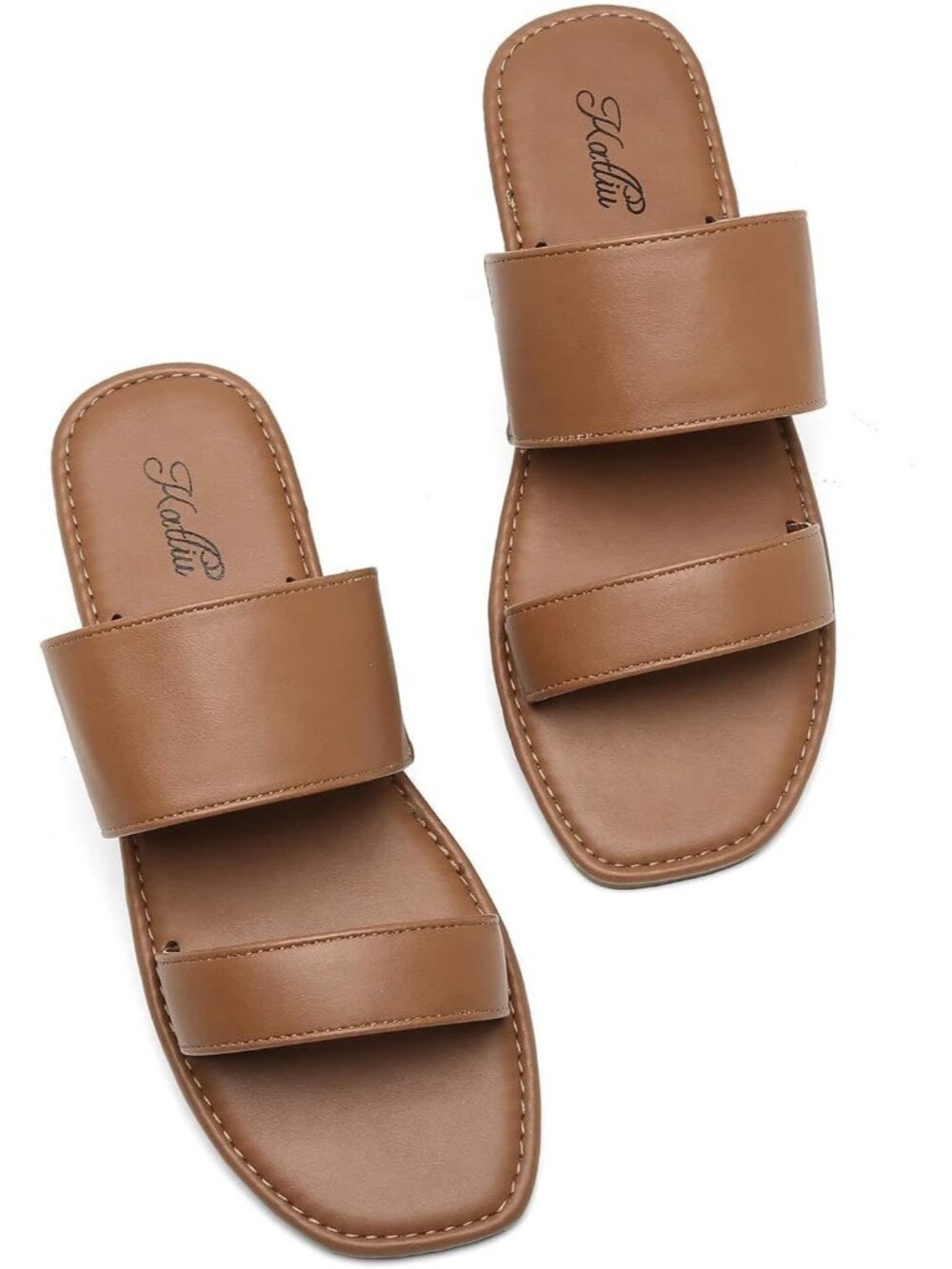 Women's Brown Open Square Toe Two Strap Slide Slip On Flat Casual Sandal Shoes